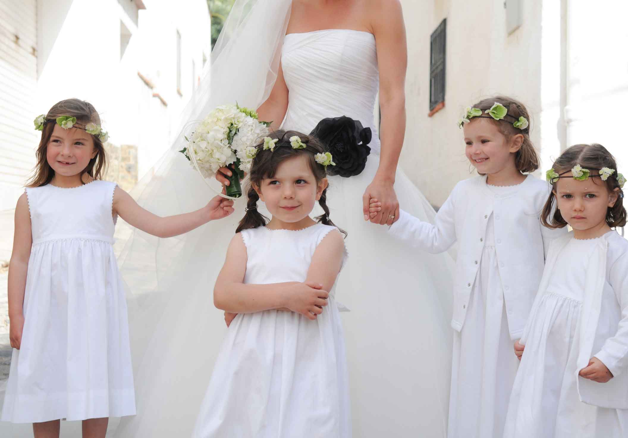 Littles bridesmaids dress with crown flowers french wedding in Spain Costa Brava Cadaques
